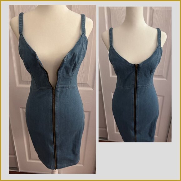 Haute Monde Denim Bodycon Zip Front Mini Dress Size M - Picture 4 of 12